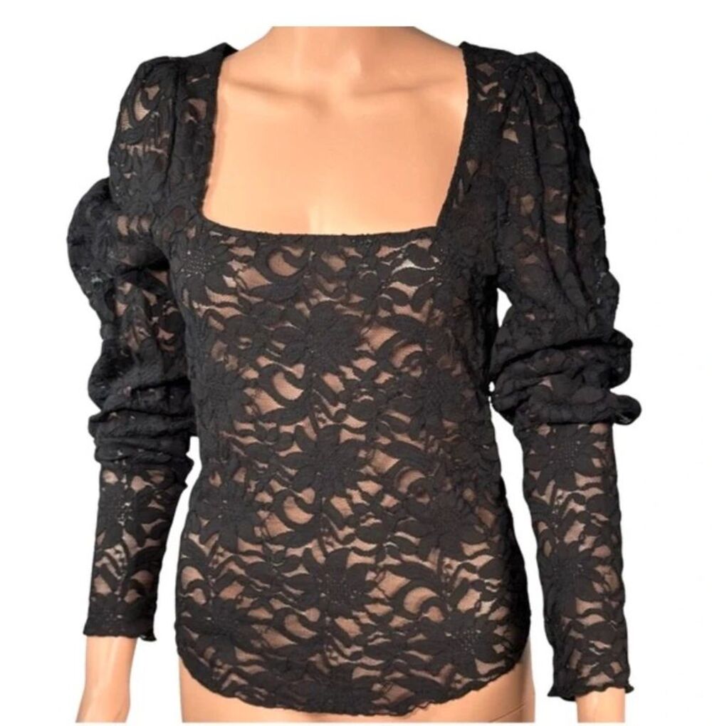 FP Black Lace Square Neck Whimsy-Goth Witchy Puff Long Sleeve – L